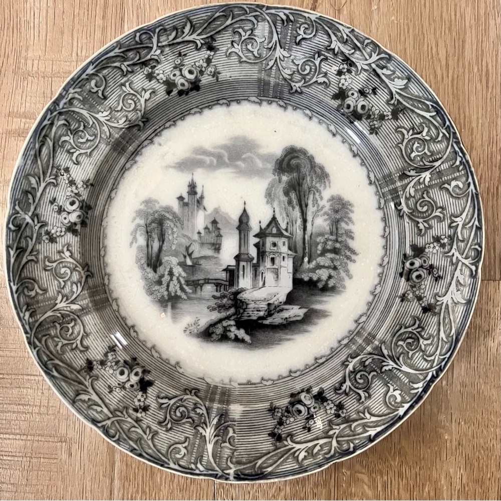 19th C.‎ T J & J Mayer Black Mulberry Transferware Plate - Rhone Scenery Antique